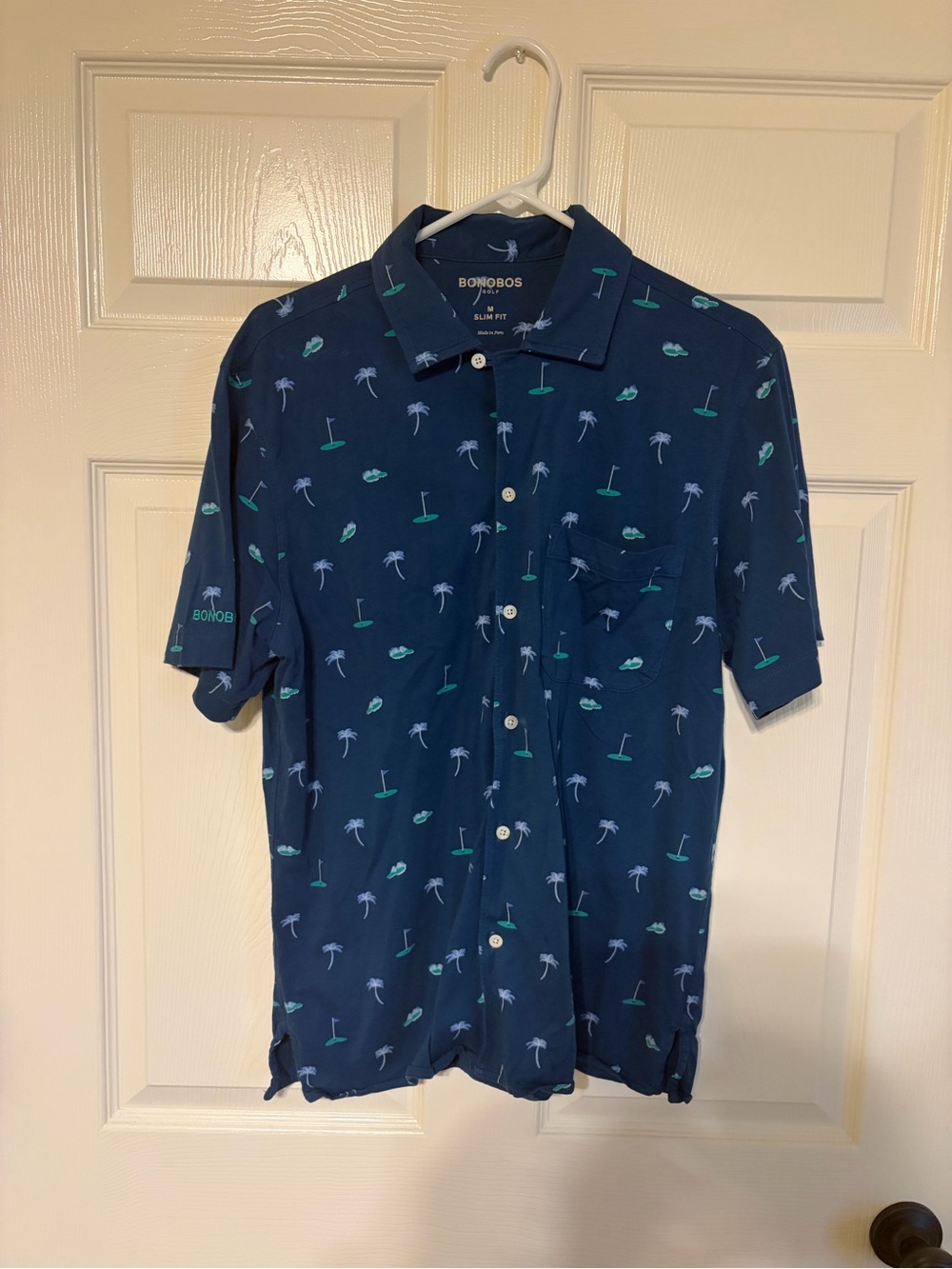 Bonobos Navy Short-Sleeve Printed Camp Shirt with palm trees and golf greens